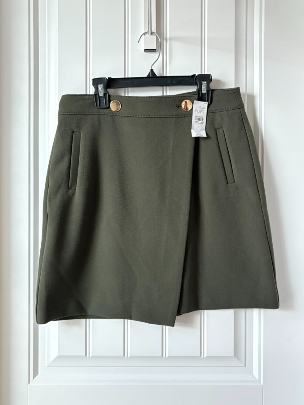 LOFT Olive Green Faux Wrap Mini Skirt with Gold Buttons Size 4